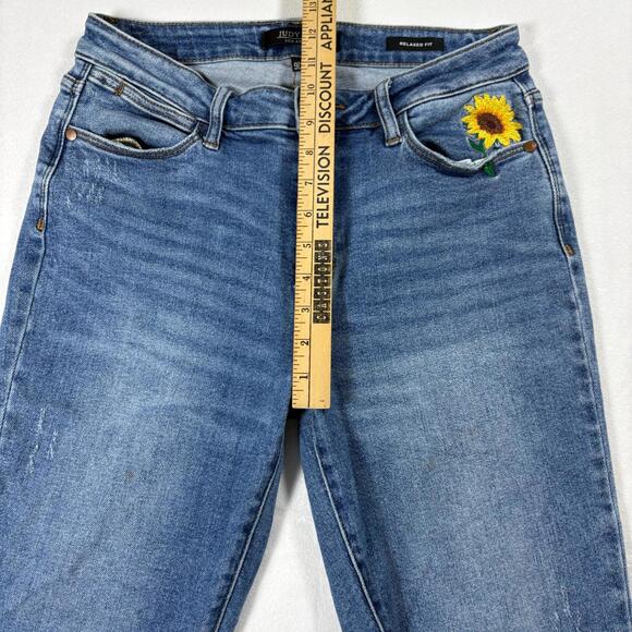 Judy Blue Relaxed Fit Jeans Womens 9/29 Sunflower Embroidered Frayed Y2K Retro - Picture 6 of 8
